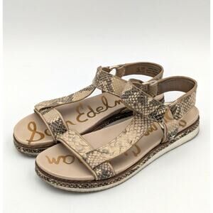Sam Edelman Annalise Snakeskin-Print Leather Ankle-Strap Sandals Wheat Size 7.5